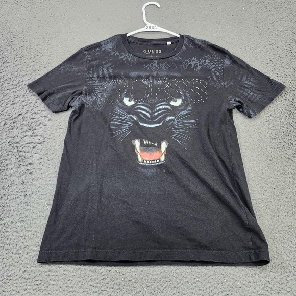 GUESS Shirt Mens Medium Black Panther Rhinestone Logo Graphic Tee Crewneck - Picture 1 of 6